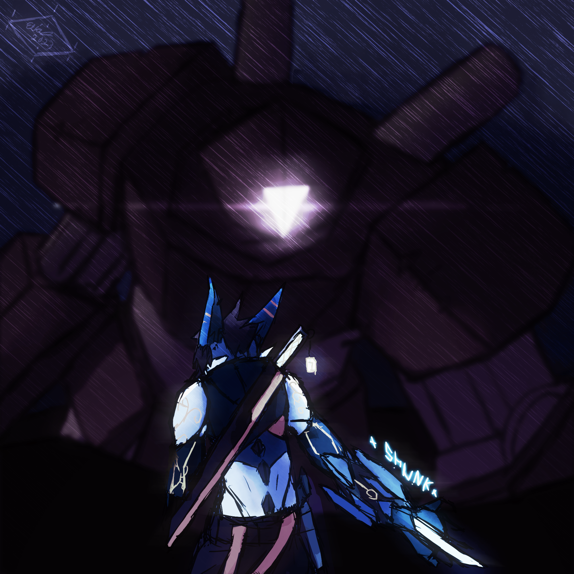 a robotic character figitn a bitger robot in the rain